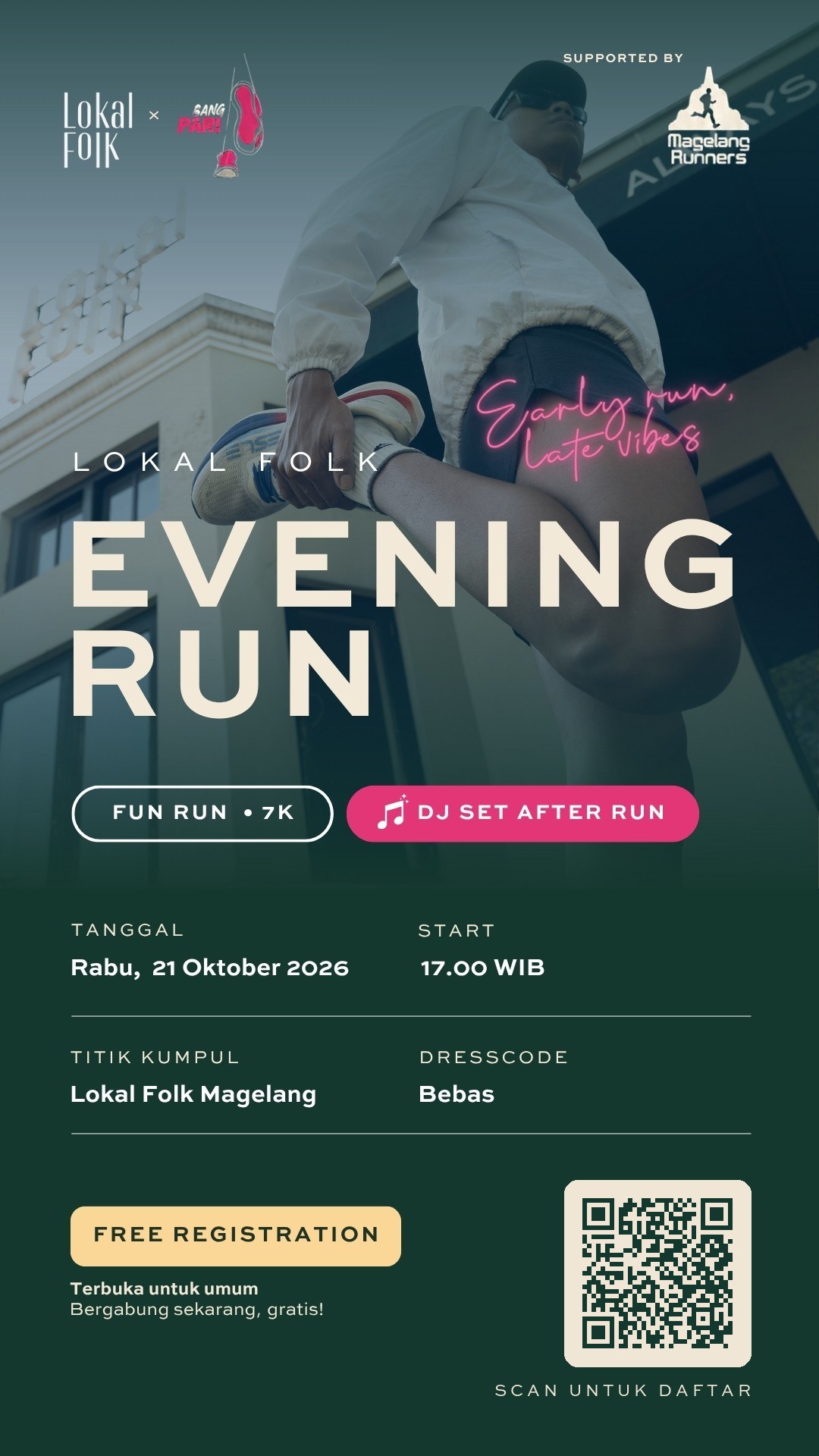 Poster Lokal Folk Evening Run bersama Bang Pari, didukung Magelang Runners: fun run 7K dan DJ set setelah lari, Rabu 21 Oktober 2026 start 17.00 WIB, titik kumpul Lokal Folk Magelang, dresscode bebas, registrasi gratis lewat QR code